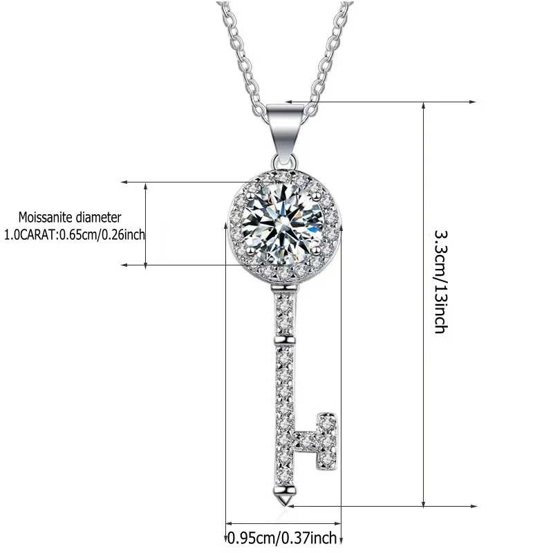 925 Sterling Silver 1 Carat Moissanite Key Pendant Necklace Fashion Decor High Class Niche Couple Men Women Anniversary Gift