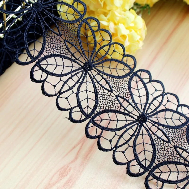 2 Yards/lot Polyester Sewing Craft Crochet Off white Black Net Lace Trim Clothes Embroidered Flower Lace Fabric Applique