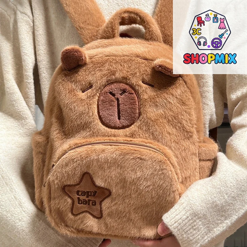Lindo bolso de capibara de dibujos animados para mujeres y niñas, mochila única de gran capacidad con relleno de animales, mochila versátil informal de viaje