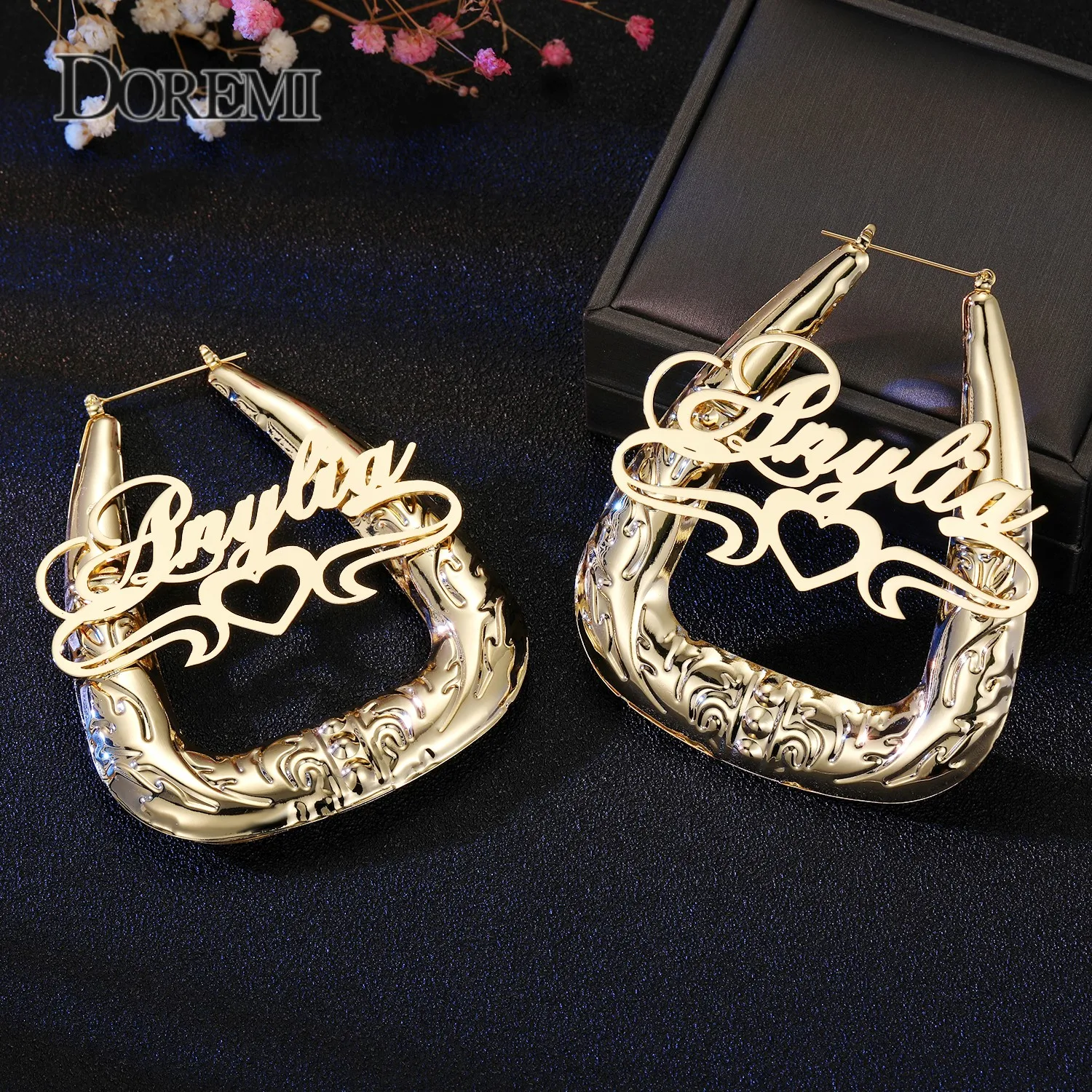 DOREMI 70mm Stainless Personalize Name Earrings for Women Bubble Triangle Customized Name Hoops Personalized Custom Jewelry