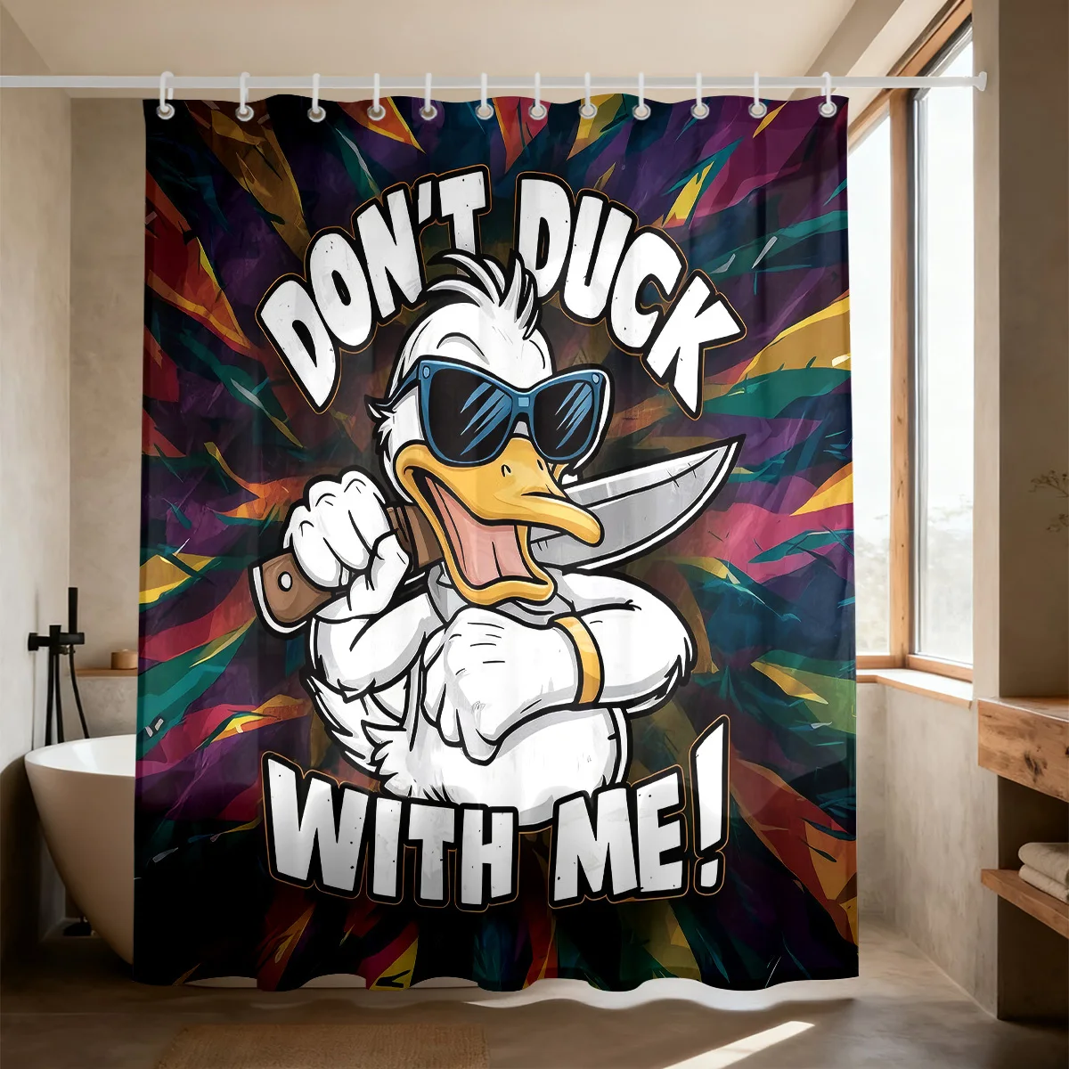 Novelty Funny Cartoon Shower Curtain Polyester Digital Printed Cool Duck With Sunglasses Background Humorous Animal