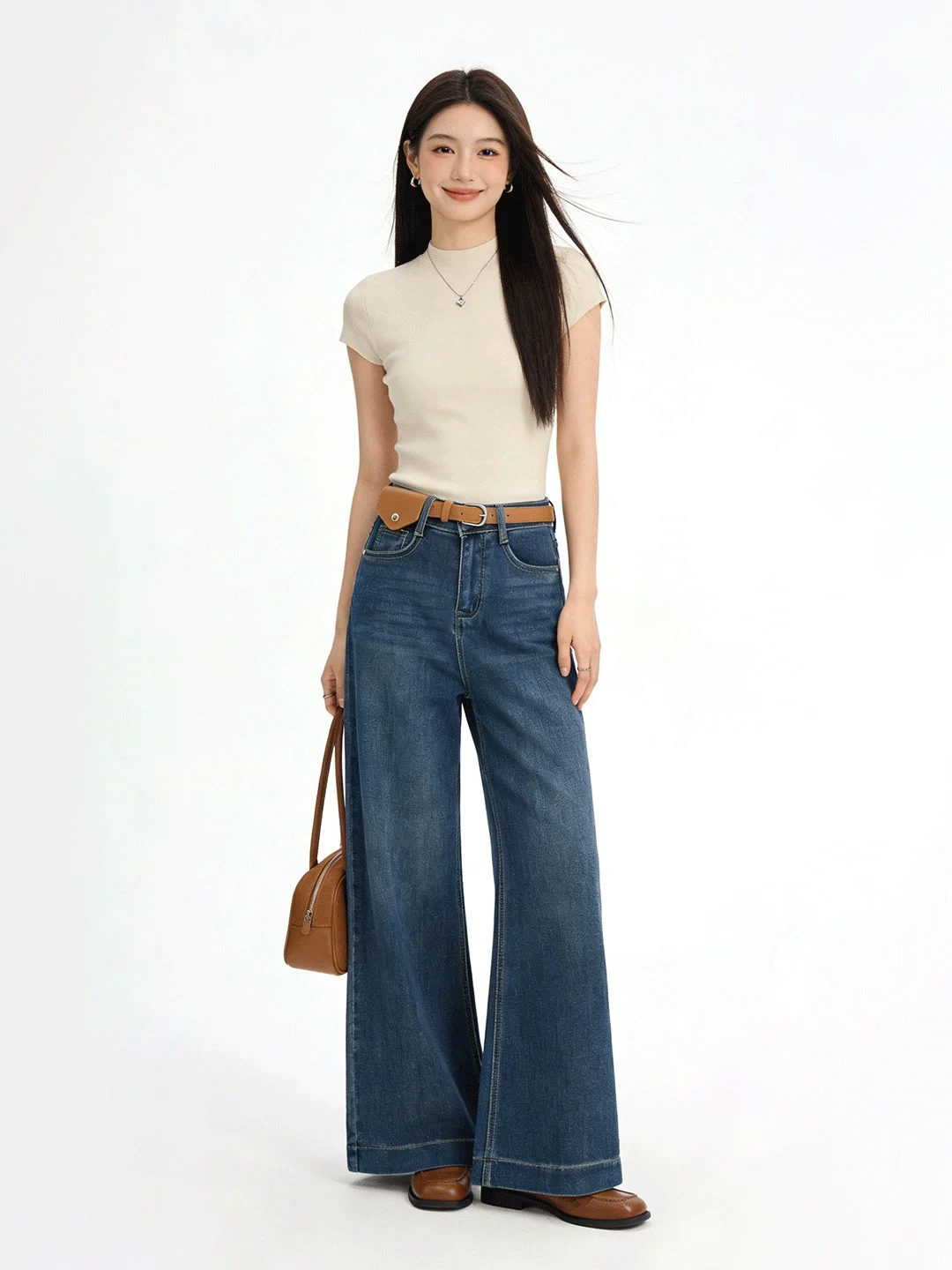 

Ретро джинсы с высокой талией, широкими штанинами, из мягкого денима, темно-синие, весенняя новинка, универсальные, удлиненные, стройнящие, женские