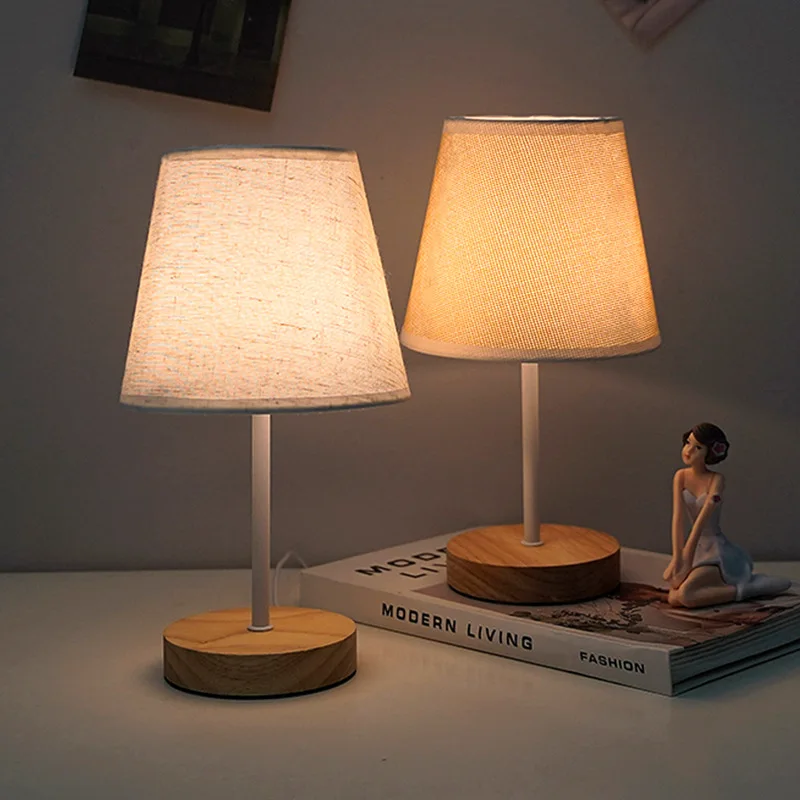 

Usb Bedside Table Lamp Simple Wooden Base Bedroom Light Linen Shade Night Light Nightstand Desk Lamp For Living Room Kids Room