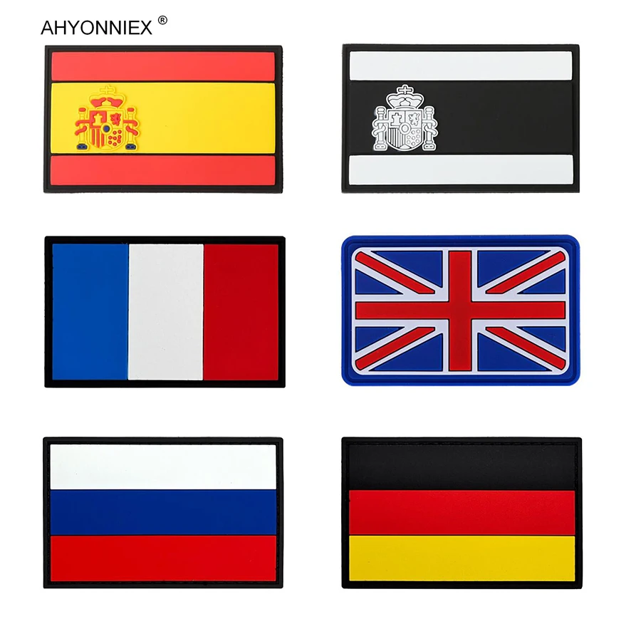 1PC Materiał PVC Hiszpania Wielka Brytania Rosja Niemcy Francja Flaga Naszywka Taktyczna Wojskowa 3D Gumowe Naklejki Na Dżinsy Odzież Torby Odznaki