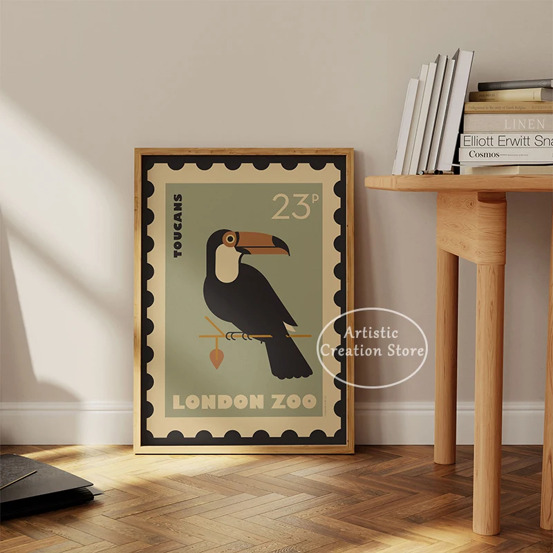 Retro Postage Stamp Style London Zoo Animals Poster Penguin Toucan Bird Lion Crocodile Prints Canvas Painting Wall Home Decor