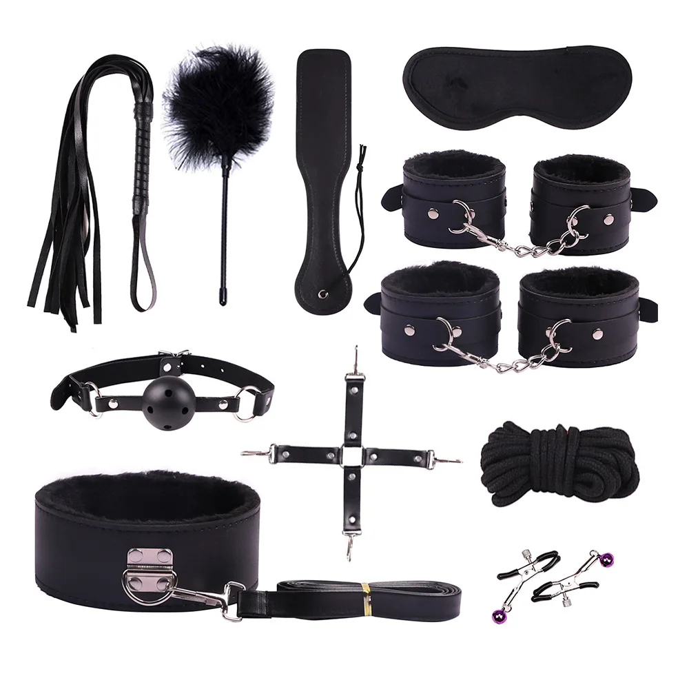12PCS BDSM Bondage Set Handcuffs Ankle Cuffs Ball Gag Whip Spanking Paddle Rope Eye Mask Adult Sex Toy for Women Men Couples Kit view 2