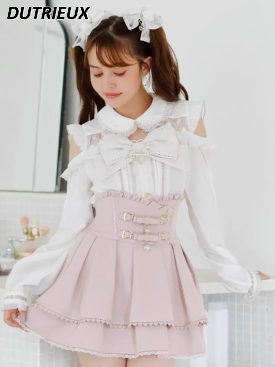 Sweet Girl Spring and Autumn New Long-sleeved Shirt Japanese Style Cute Mine Blouse Doll Collar Off-the-shoulder Big Bow Tops