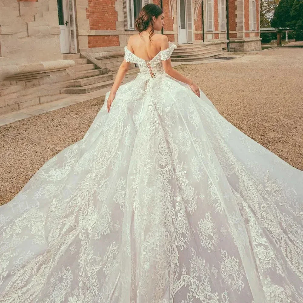 Customized Luxury Off Shoulder Princess Wedding Dresses women Sweetheart Appliques Lace Bride Gowns Vestido de Noiva