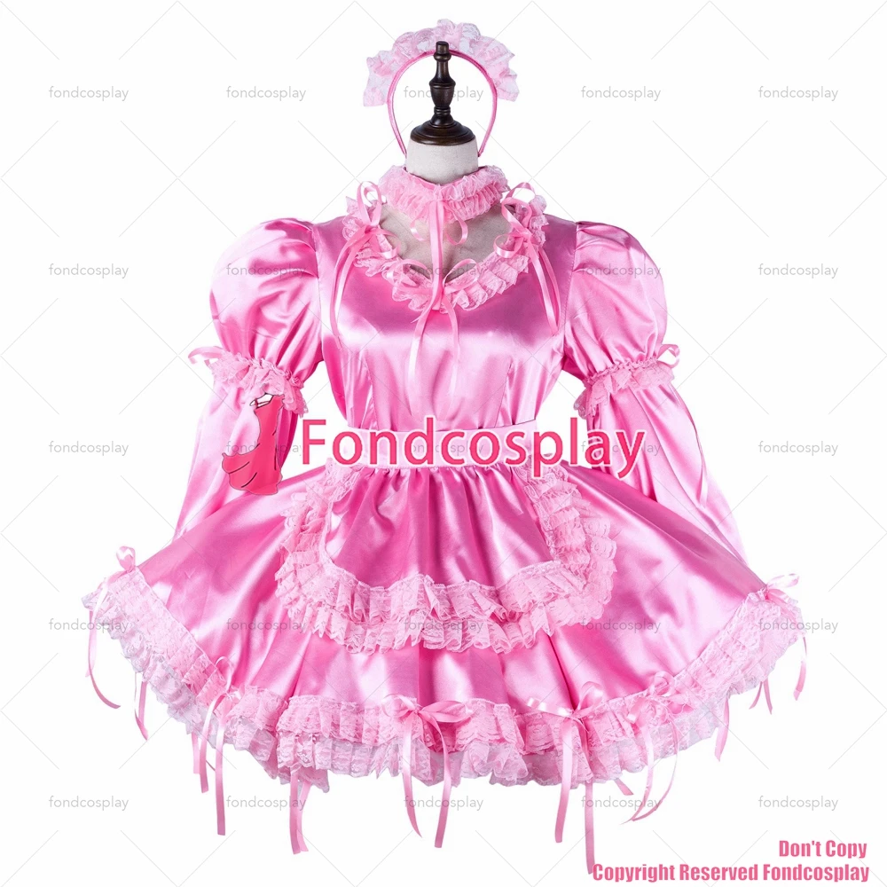 Fondcosplay adulto sexy vestido cruzado sissy maid vestido corto de satén rosa uniforme con cerradura delantal disfraz CD/TV [G2215]