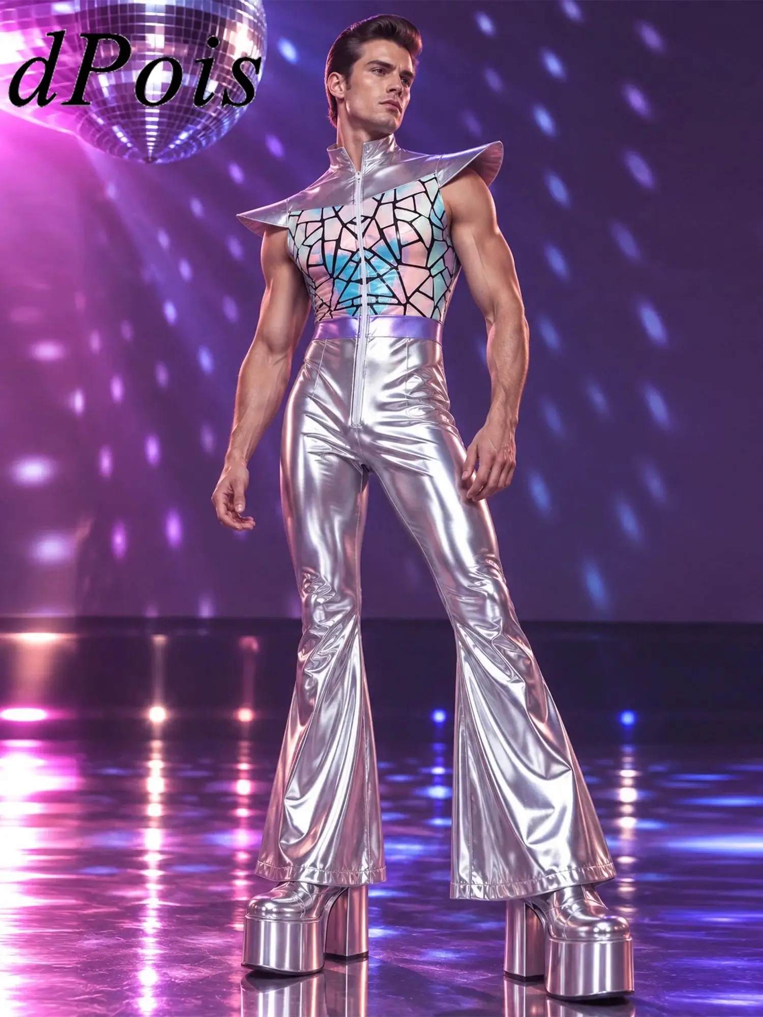 Men Retro 70s Disco Club Jumpsuit Fly Sleeve Gradient Sequined Bell Bottoms Unitard for Halloween Jazz Dance Costume Streetwear