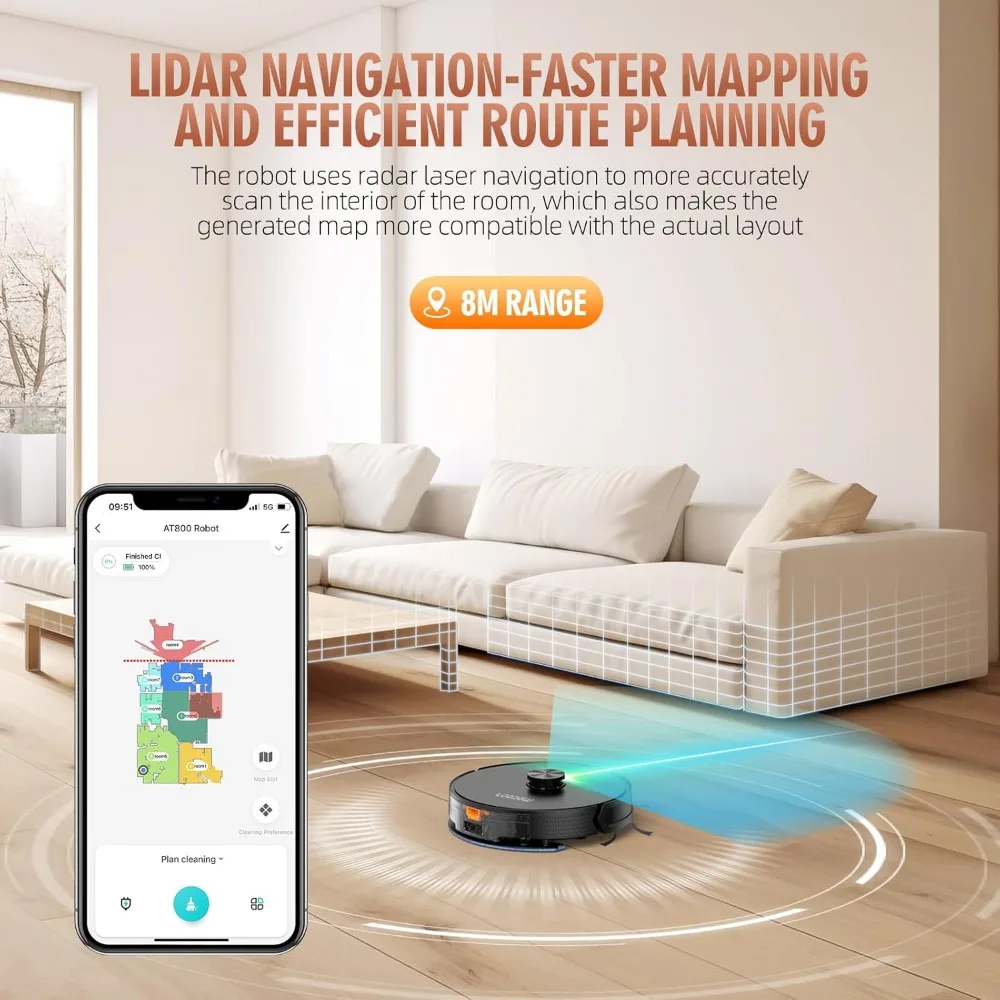 مجموعة مكنسة كهربائية وممسحة روبوت 3 في 1، ملاحة LiDAR، WiFi/App/Alexa كيس غبار قابل للاستبدال ذاتي الشحن