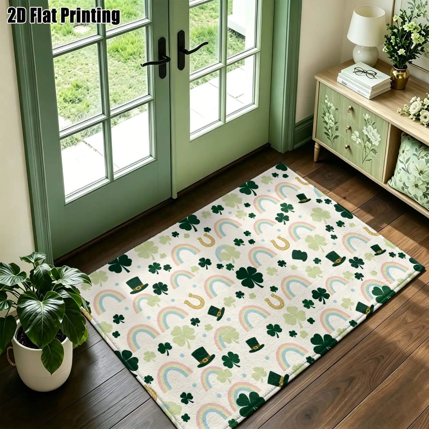 1Pc 2D Printed Carpet: Fresh Green Clover & Rainbow Pattern Nordic, Instagram-Worthy Modern Minimalist Rug for Home Decor, Available in Multiple Sizes, Machine Washable, Suitable for Various Rooms.