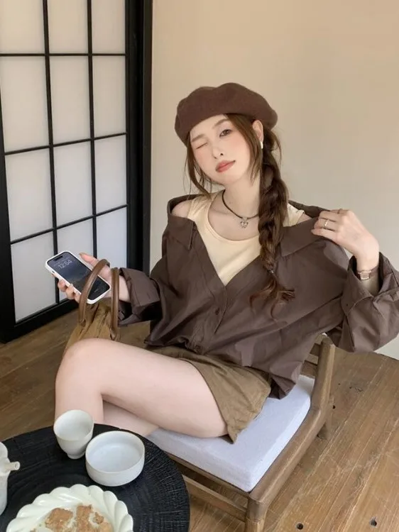 plus Size Casual Long Sve irt Women's Faionable Loose Top Autumn New Sle Commute Korean Loose Fit Button Detail