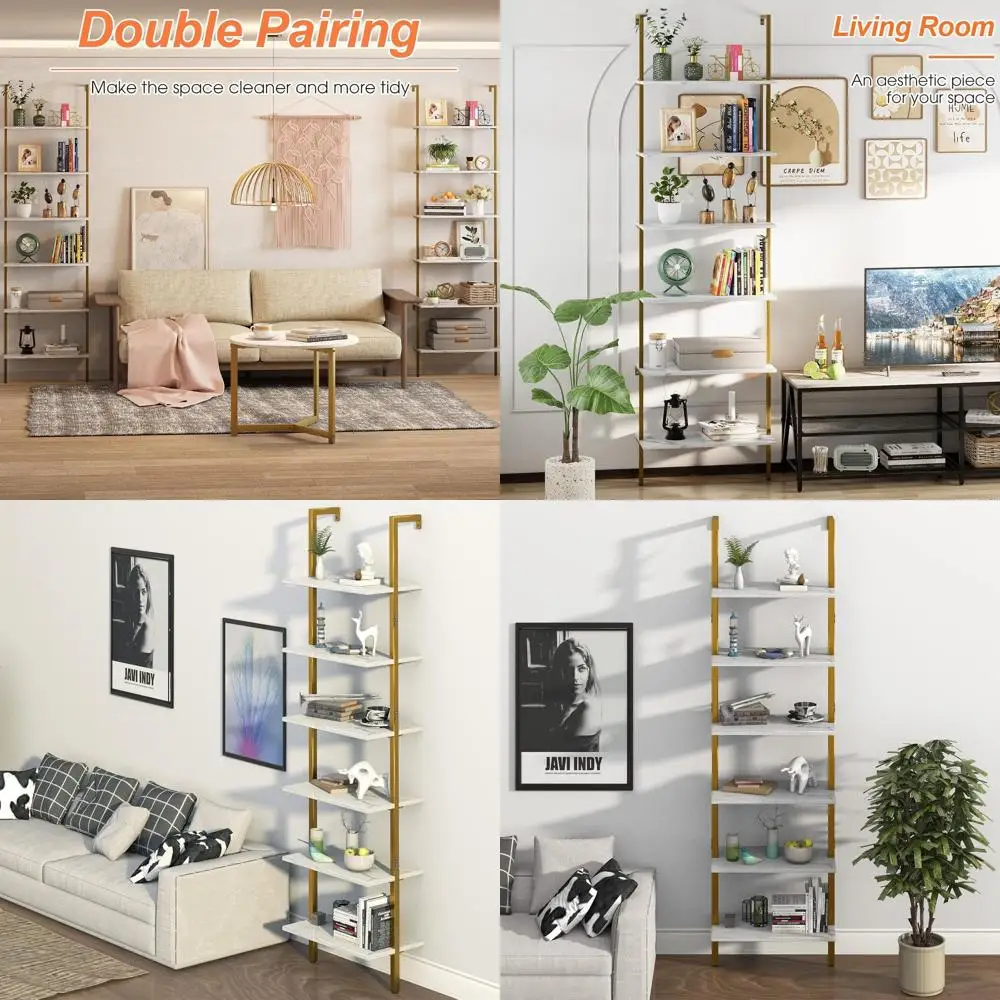 

Modern 6-Tier White Marble Leaning Bookshelf - Tall Wall-Mounted Shelving for Living & Bedroom Decor