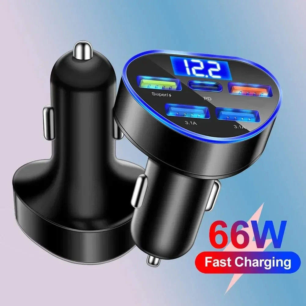 

66W 5-in-1 Digital Display Car Charger 12-24V 5-Ports Super Fast Charge 4 USB Ports Fast Charge ABS Black Compact Design