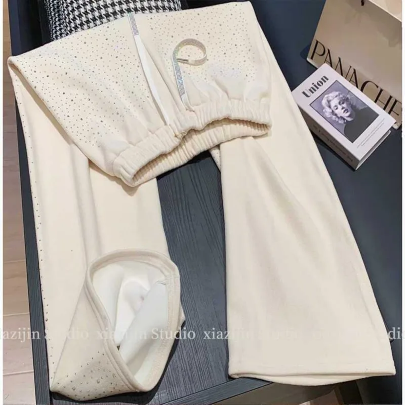 Off-white Design Heavy Industry Hot Diamond Casual Pants Children's 2024 New Winter High-waisted Niche Straight Wide-leg Pants