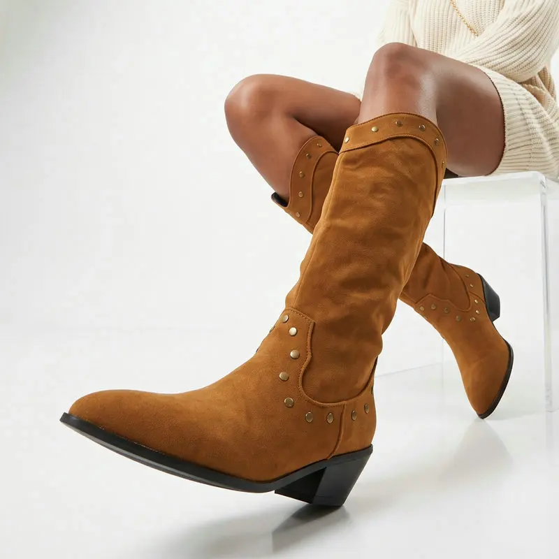 Women Suede Western Cowboy Boots Pointed Toe Rivet Decor Block Heel Mid Calf Boots Retro Fashion Botas Mujer Cowgirl Booties