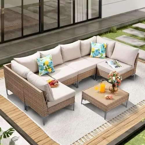 

7 Piece Wicker Patio Furniture Set,Outdoor Conversation Sectional Sofa w/Coffee Table,All-Weather Outdoor Sofa with