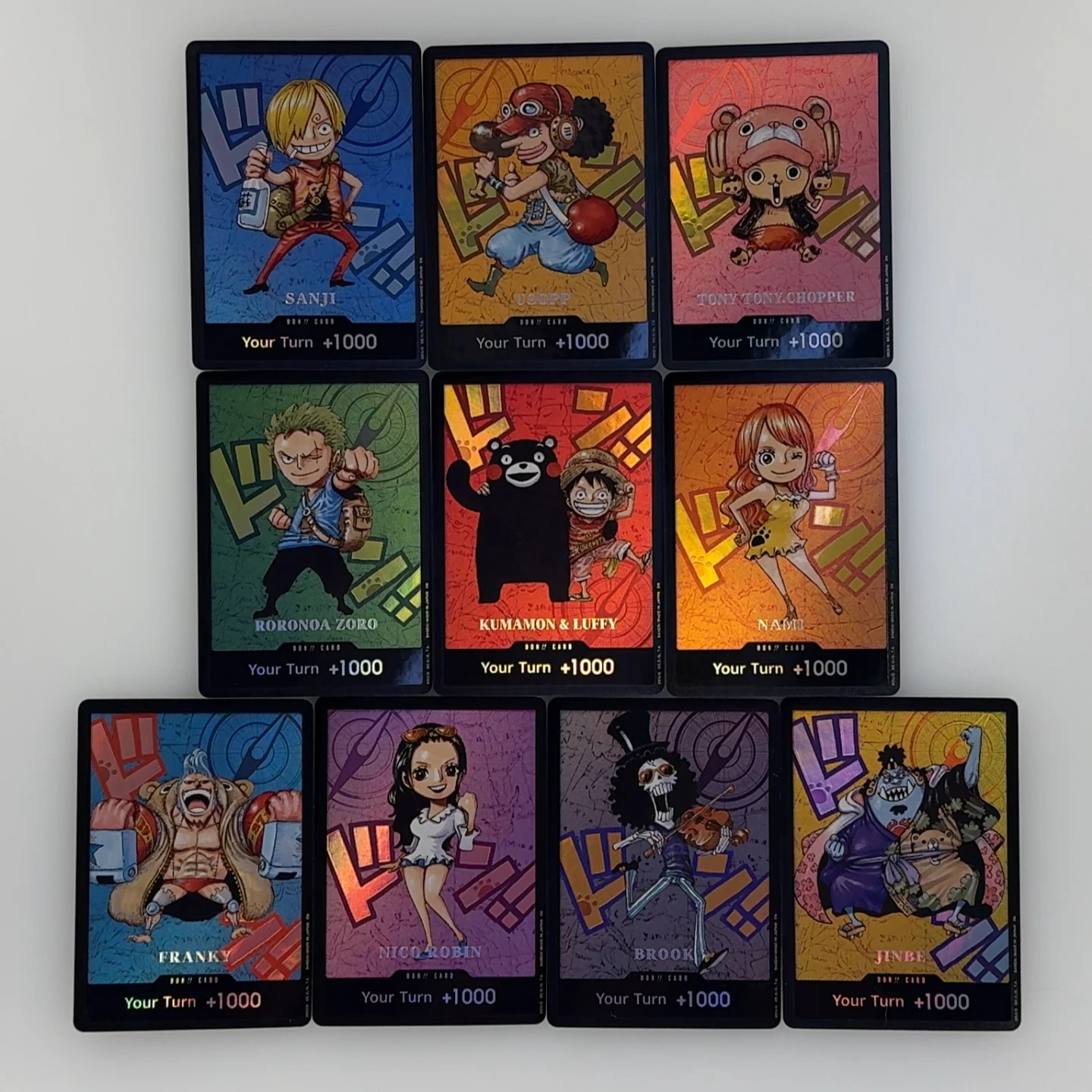 

10pcs/set OPCG One Piece x Kumamon English DON 3D Textured Straw Hat Crew Luffy Zoro Nami Chopper Robin Anime Collectible Cards