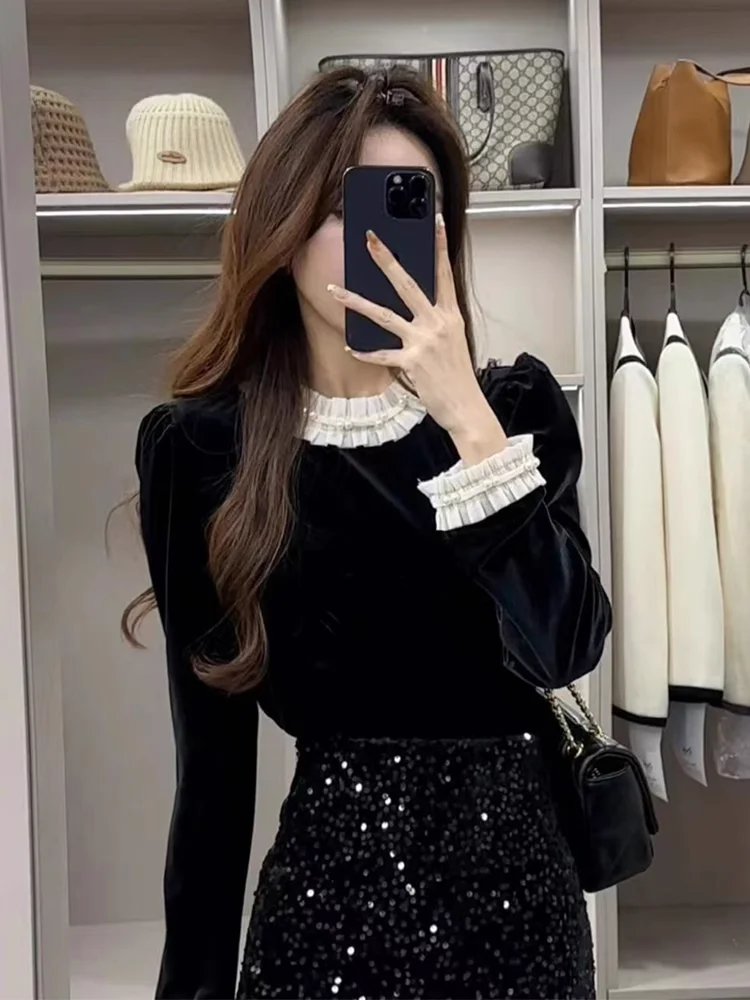 

Retro Fashion Black Velvet Lace Patchwork Long Sleeve Shirt Women's Spring 2026 New Style Commute Korean Loose Fit Shirt