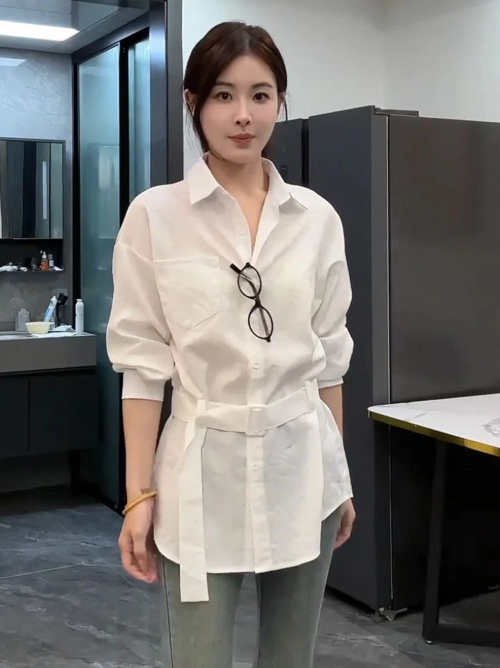 

Женская винтажная блузка больших размеров с поясом, утягивающим талию, скрывающая живот, с эффектом похудения, с воротником, тонкая, средней длины рукава