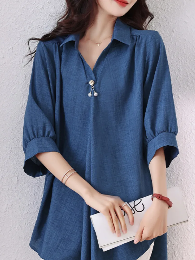 #2843 Summer Womens Blouses And Tops Raglan Sleeve Loose Office Long Blouse Female Turn-down Collar Asymmetrical Blouse Femme