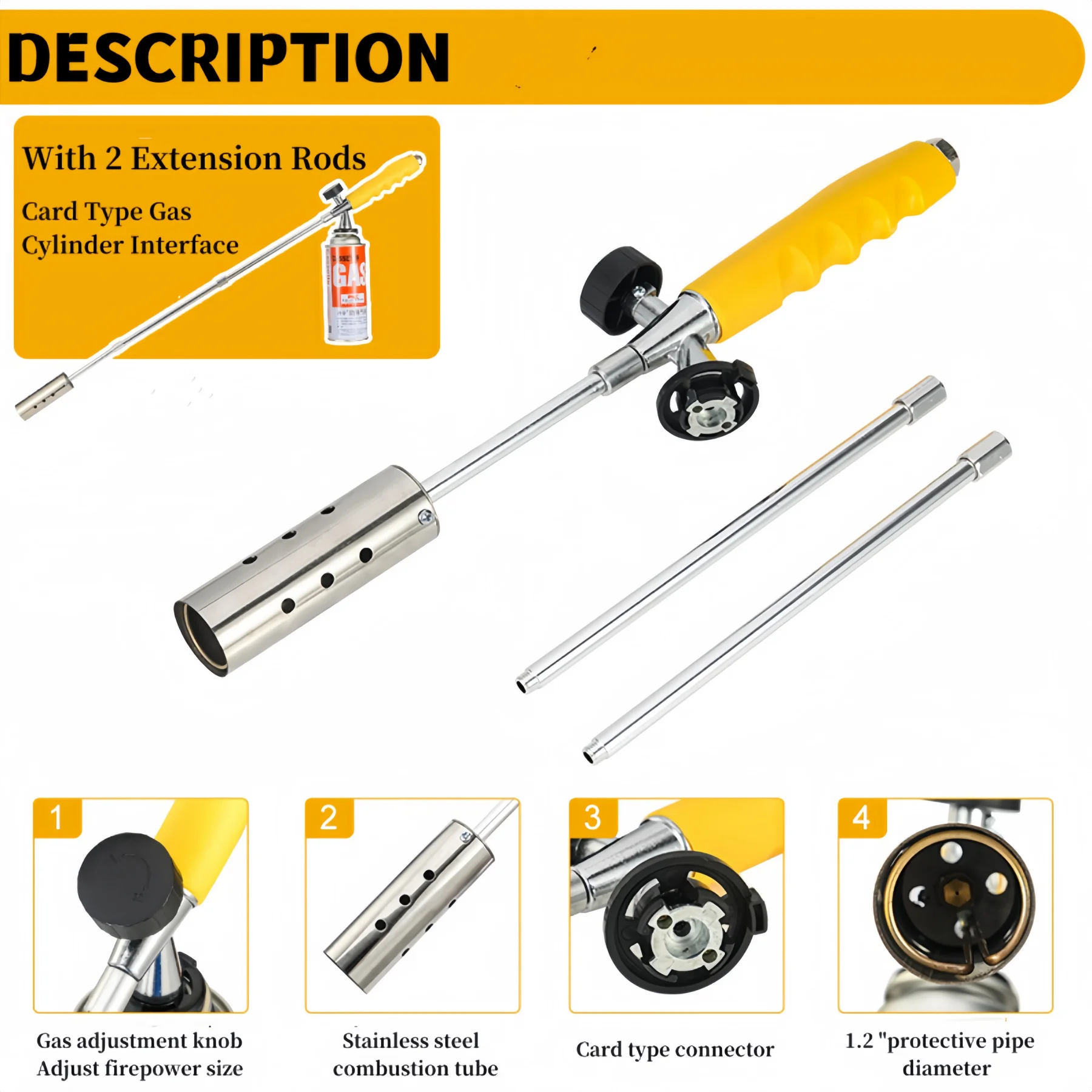 Antorcha de Gas de tubo desmontable, tubo grueso de quemador de acero inoxidable, soplete de butano para hornear hierba, quemador de Gas de encendido y encendido, 1 ud.