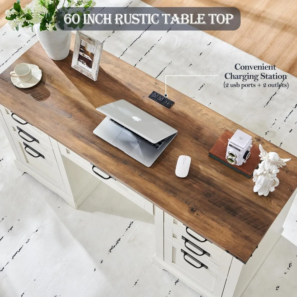 مكتب تنفيذي للمزرعة مقاس 60 بوصة مع أدراج، مكتب مكتب منزلي خشبي مع محطة شحن، صينية لوحة المفاتيح، درج الملفات، كابينة تخزين #3