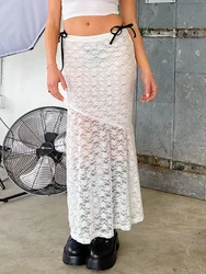 Dames Kanten Maxi Rok Y 2K Vintage Asymmetrische Zoom Met Ruche Transparant Hoge Taille Wit Midi Lange Rok Zomermode Streetwear