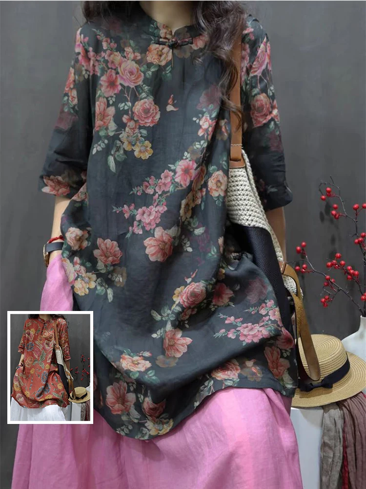 

Женская футболка большого размера с цветочным принтом, на пуговицах, с воротником-стойкой, средней длины, с боковым разрезом, с узором пионов, летний топ