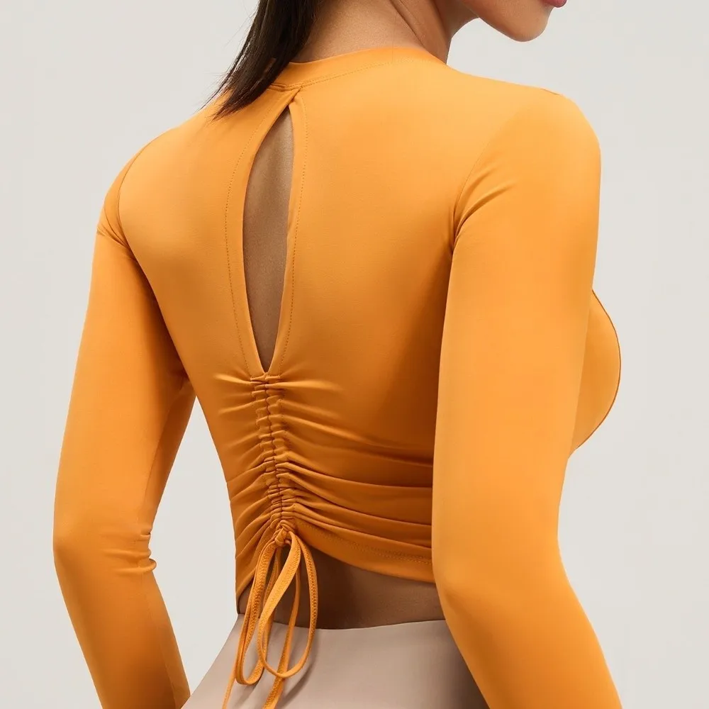

Ruffled Fit Back Drawstring Sportswear with Chest Pad Long Sleeve Fitness Yoga Top Elastic Workout Wear Pilates Yoga Shirts