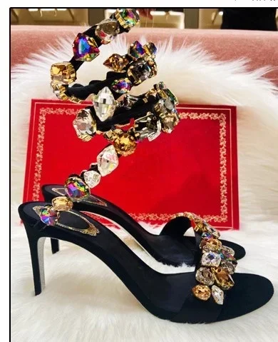 

Women Luxury Sandals Colorful Gemstone Wrap Strap Stiletto Rhinestone Bling Slingback Open Heels Hollow Shallow Party Dress Shoe