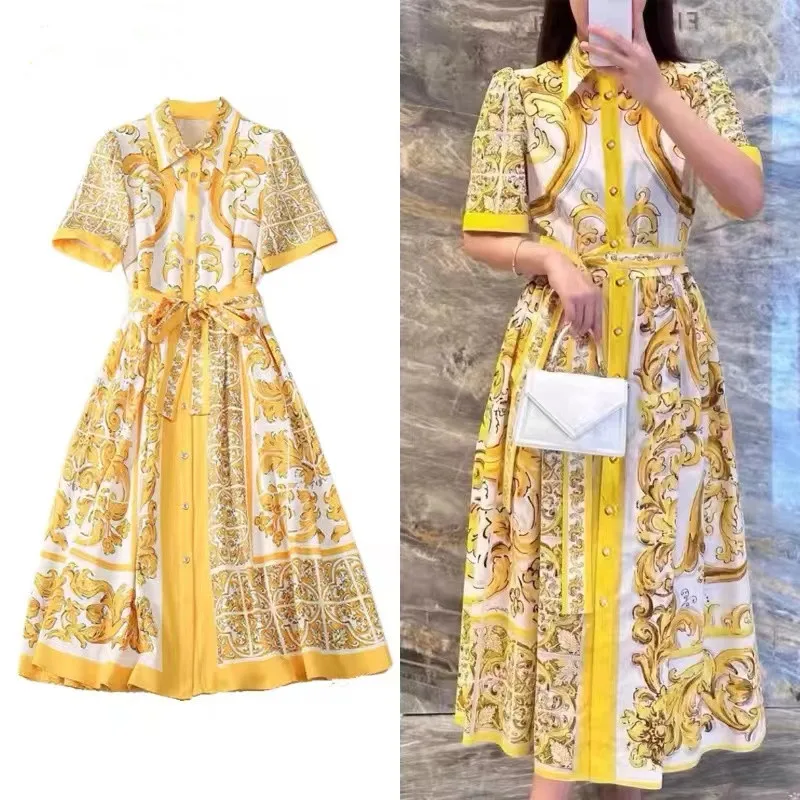 New Summer Fashion Yellow And White Porcelain Print Shirt Dress Women Lapel Single Breasted Flower Lace Up Holiday Midi Clothes