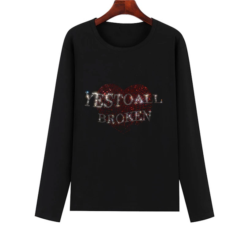 Casual women's wear 100% cotton T-shirt autumn and winter long-sleeved new style love letter crystal blouse women's T-shirt