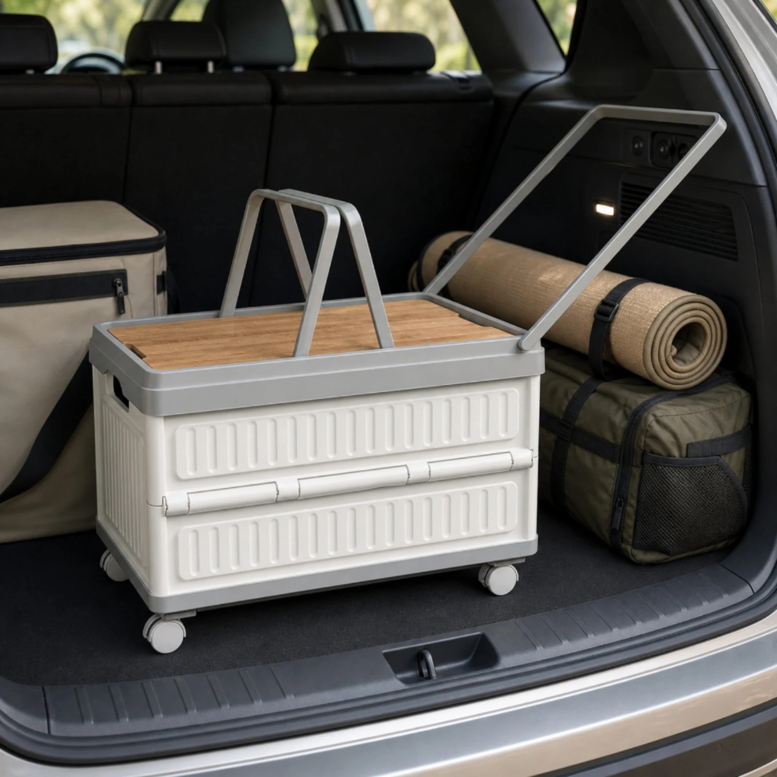 Rolling Storage Box with Wood Lid Sturdy Wheeled Storage Chest with Handle Strong Non-Slip for Campers, Camping, Car Trunk