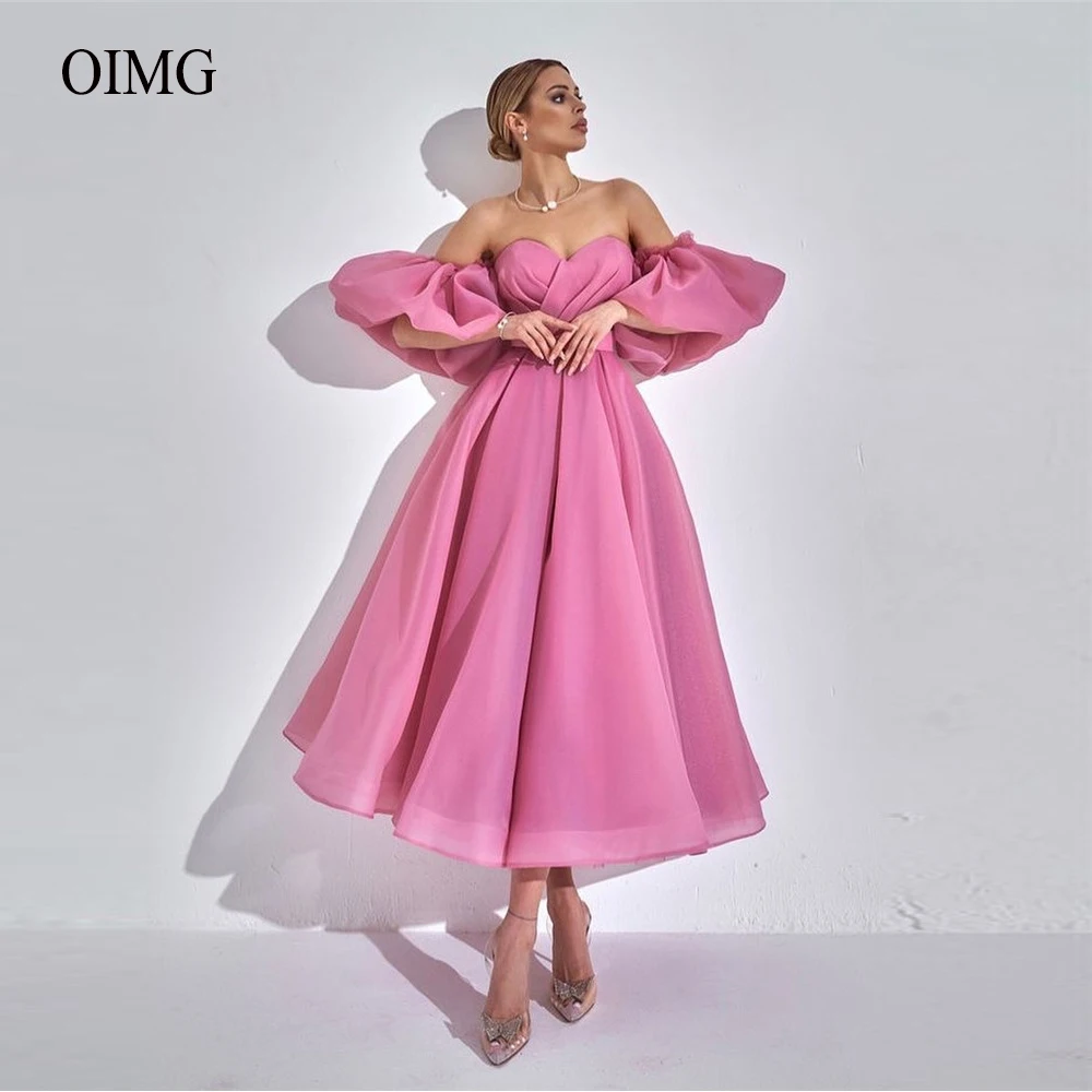 

OIMG Modern Pink Organza Evening Dresses Sweetheart Pleats Short Puff Sleeves Midi Prom Dancing Party Dress Bride Formal Gown