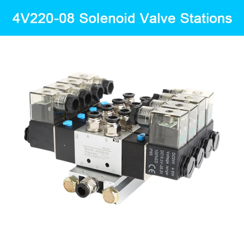 

2 - 10 Row Pneumatic 5 Way Double Solenoid Valve Block 4V220-08 Solenoid Valve Stations with Fitting DC12V DC24V AC110V