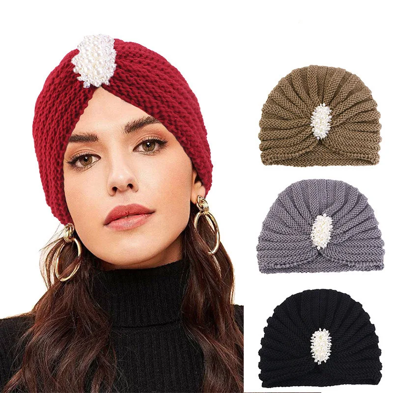 New Women Vintage Bead Knitted Turban Thick Coldproof Elastic Head Wraps Casual Knit Hats Warm Pleated Beanies Chemo Cap