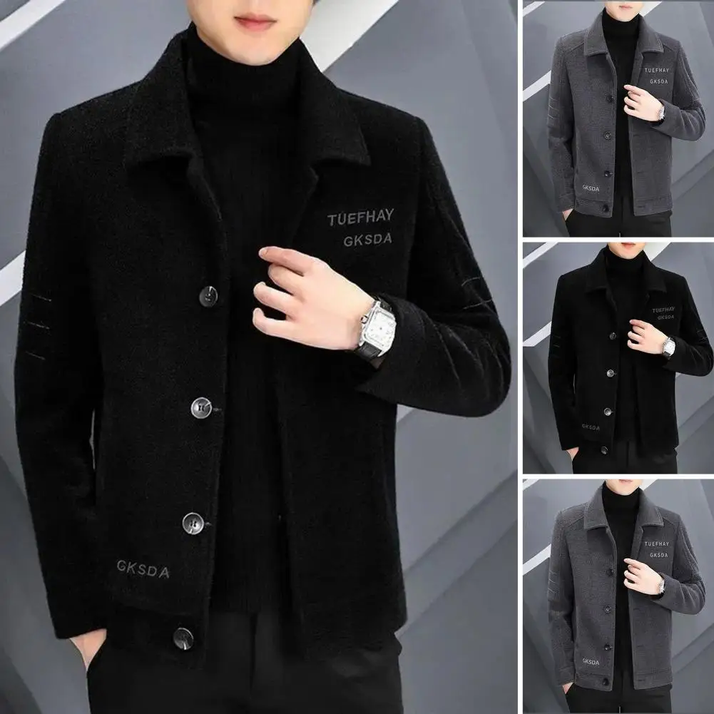 

Men Lightweight Woolen Jacket Men's Woolen Lapel Jacket with Plush Lining Pockets Single Breasted Coat Outwear for Winter Warmth