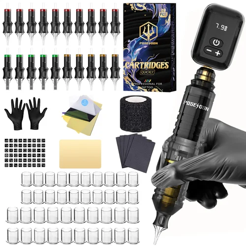 Imagen 2 del producto Kit de tatuaje POSEIDON V5, Kit de pluma de tatuaje negra para maquillaje permanente, Kit de máquina de tatuaje, fuente de alimentación de tatuaje de alta potencia, pistola de tatuaje Ki