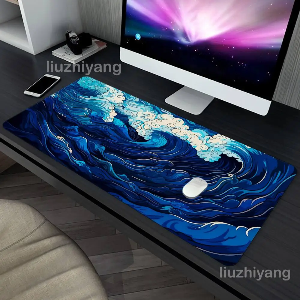 

Blue Wave Art Mouse Pad Large Computer Office Game Table Mat XXL Rubber Anti-slip Stitched Edges PC Keyboard Mats Long Desk Pads
