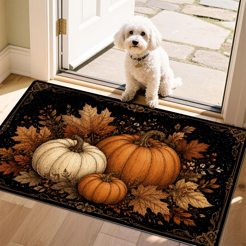 Vintage Pumpkin Leaf Fall Floor Mat Black Base Gold Border Ornate Print Non Slip Indoor Entrance Rug For Rustic Style Home Decor