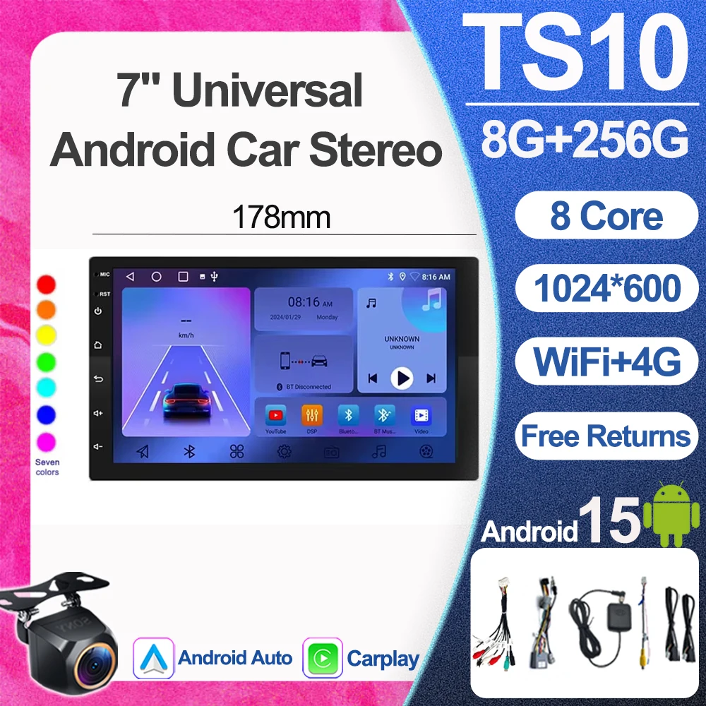 

7" Universal Android Car Stereo Android 15 Car Radio Wireless Android Auto Carplay QLED Screen 2 Din WIFI 5G DVD Touch Screen