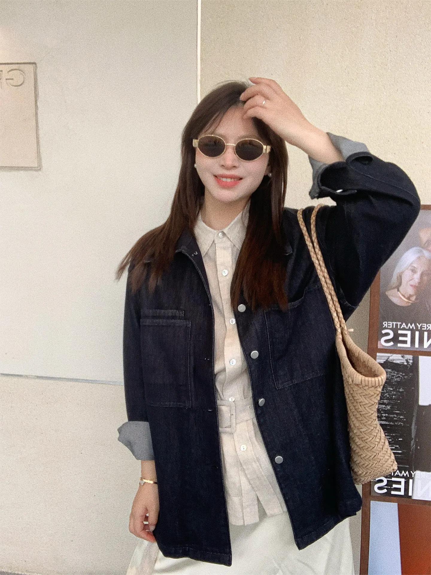 Washing Deep Blue Jeans Jacket Women's Spring New Style Commute Loose Fit Cotton Polyester Blend Long Sleeve Medium Length