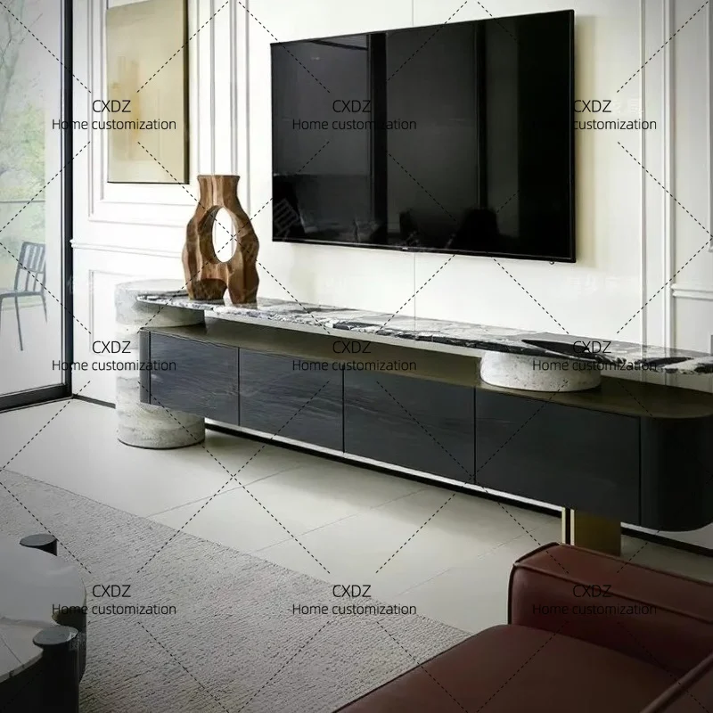 XX Light luxury natural marble countertop TV cabinet Modern simplicity, black height minimalist  style
