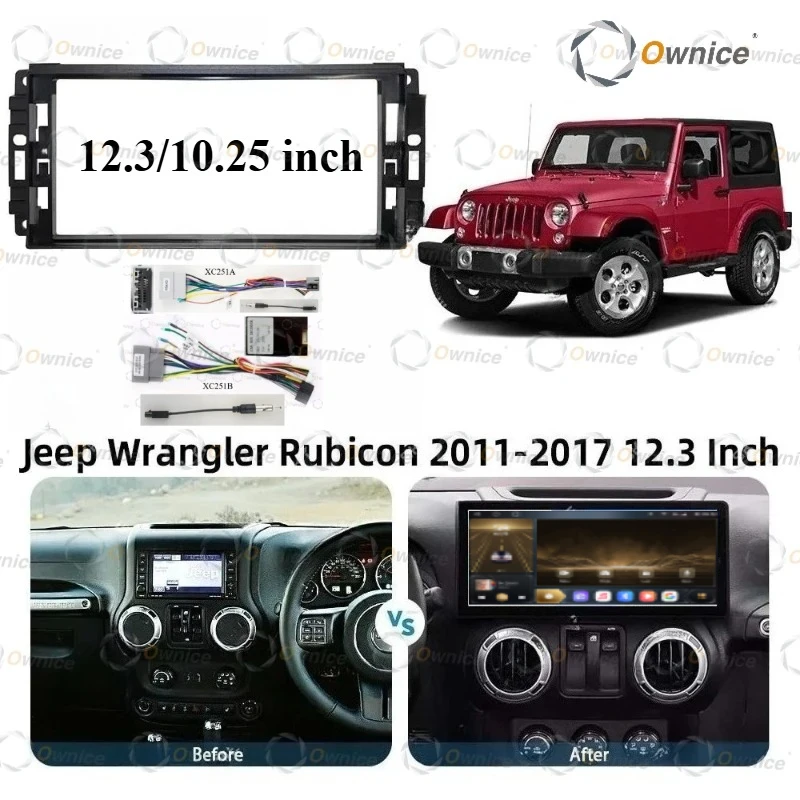 Ownice 12.3 10.25 Car Frame Fascia Adapter Android Radio Dash Fitting Panel for Jeep Wrangler Rubicon 2011 - 2017 Harness Canbus