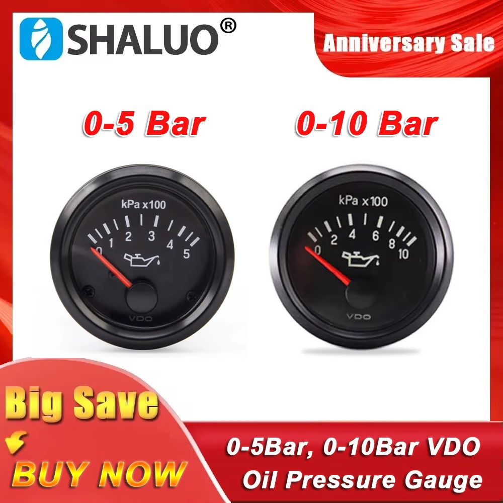 52MM 0-5Bar 0-10Bar VDO Oil Pressure Gauge Diesel Engine Oil Pressure Meter For Generator Parts 0-500kPa 10-184Ω