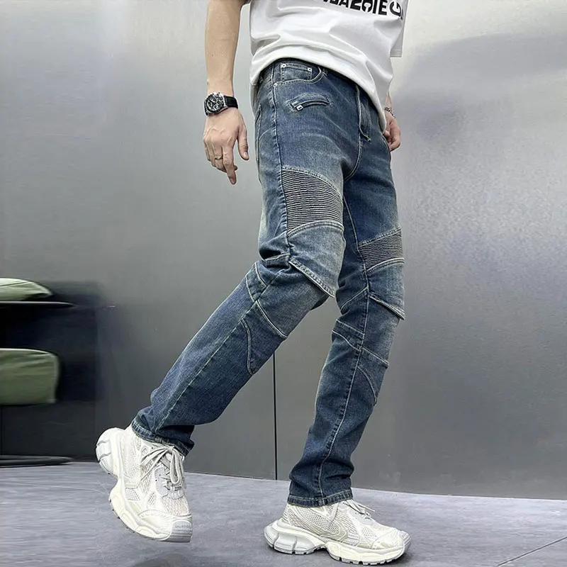 

Y2K new men's work pants with fishing net patches, nostalgic stretch, slim fit, retro blue work pants, designer patchwor