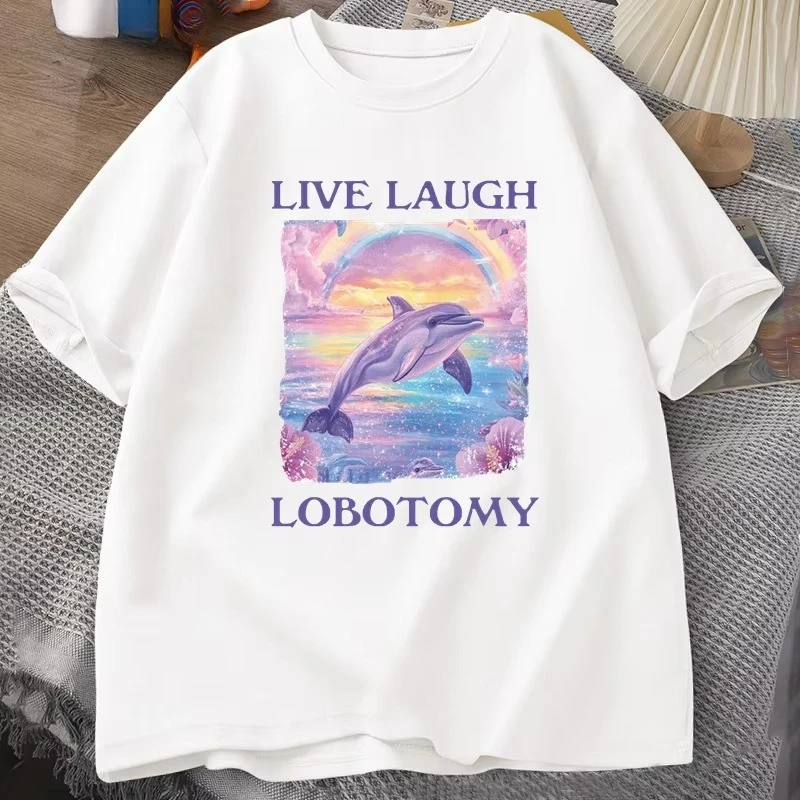 

Футболка Live Laugh Lobotomy Мужская забавная футболка с дельфином-мемом Silly Weird Хлопковая футболка с короткими рукавами унисекс Футболки с принтом Топы Футболки