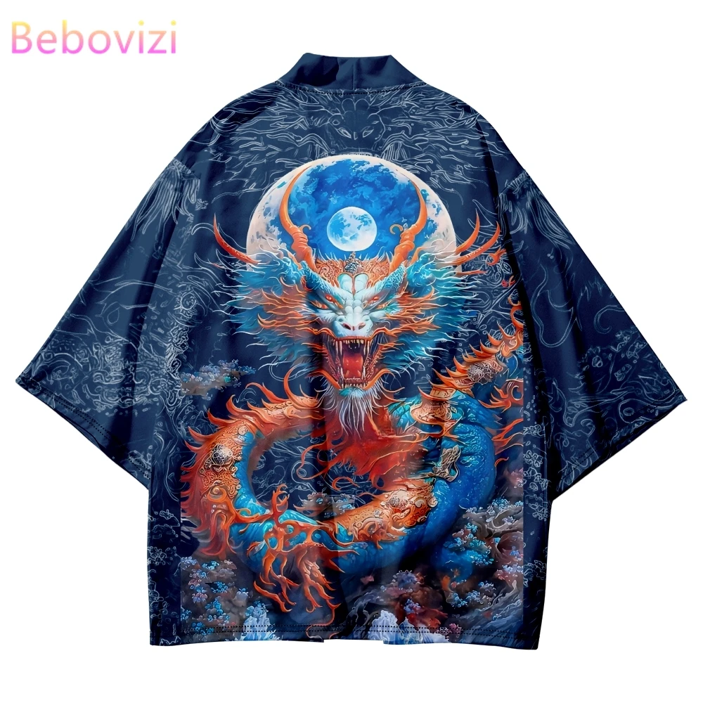 Plus rozmiar 6XL 5XL 4XL japońska moda uliczna sweter damski męski Harajuku smok Anime nadruk Haori Cosplay koszule Kimono niebieska Yukata